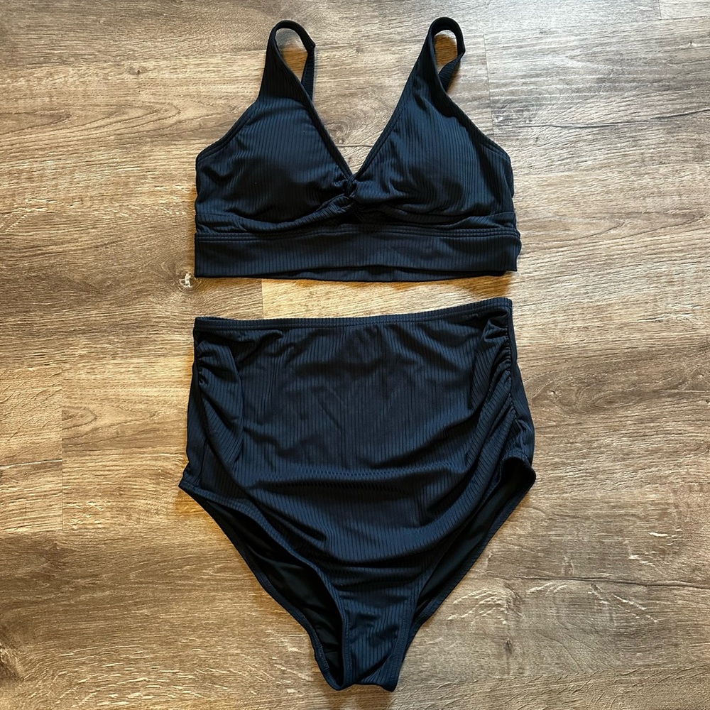 CHARMO Dark Navy Ribbed Maternity Bikini Set - Picture 2 of 11